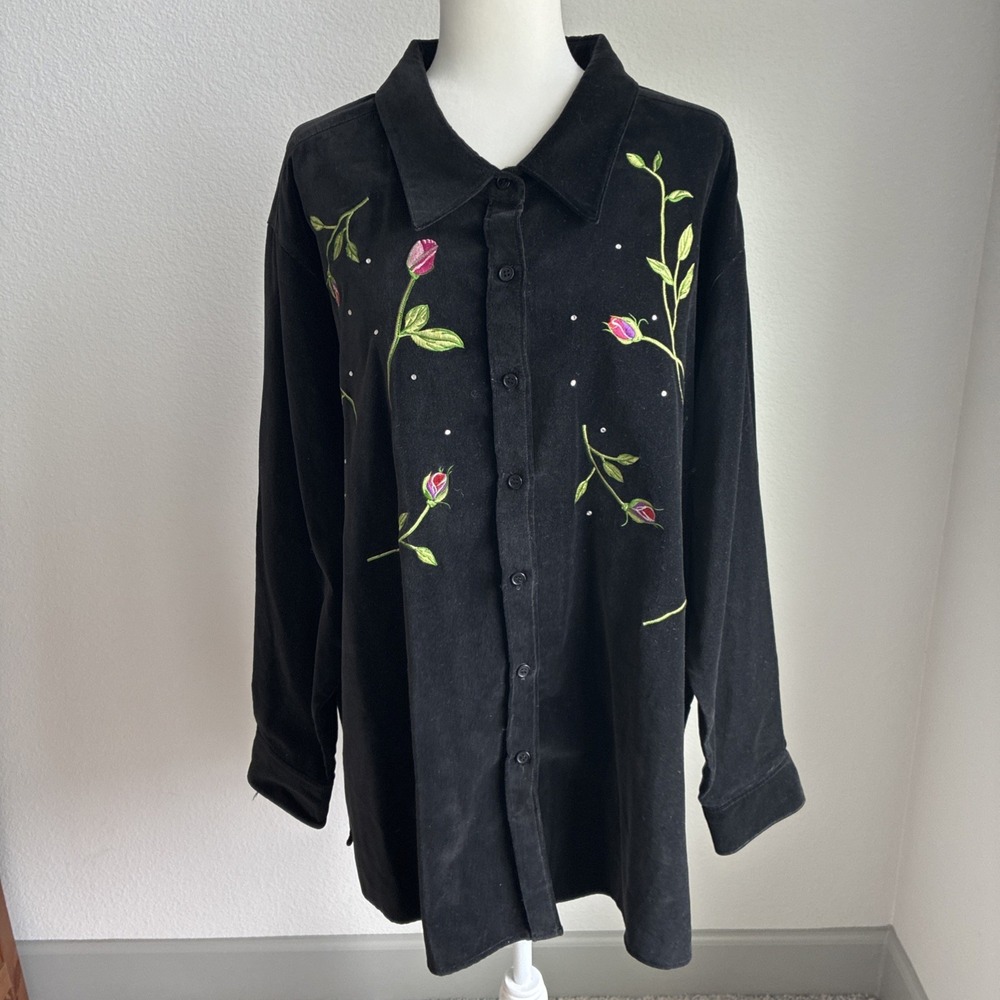 Quacker Factory 3X Black Velvet Button Up Shirt Jacket Embroidered Roses Floral